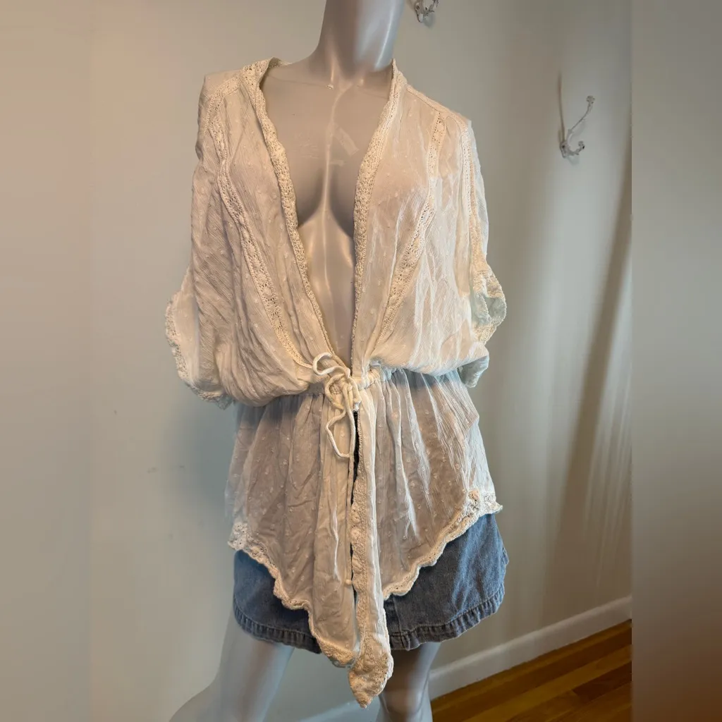 Goa Beachwear By Japan Swim Cover Up White Swiss Dot Lace Tie Waist Large EUC - Image 6