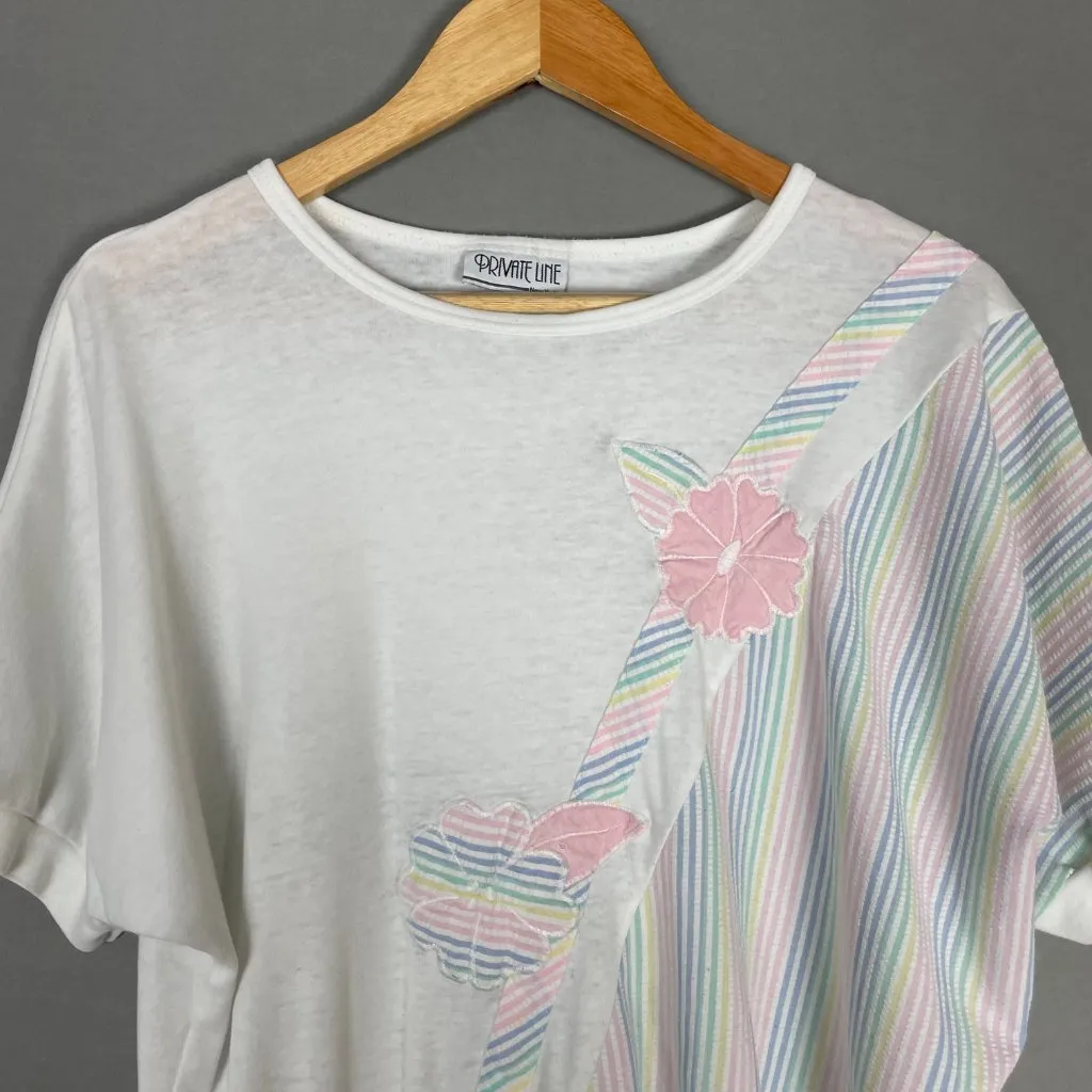 Vintage 80s Top Pastel‎ Rainbow Batwing Sleeve Women Flowers White Tee Retro Tee - Image 4