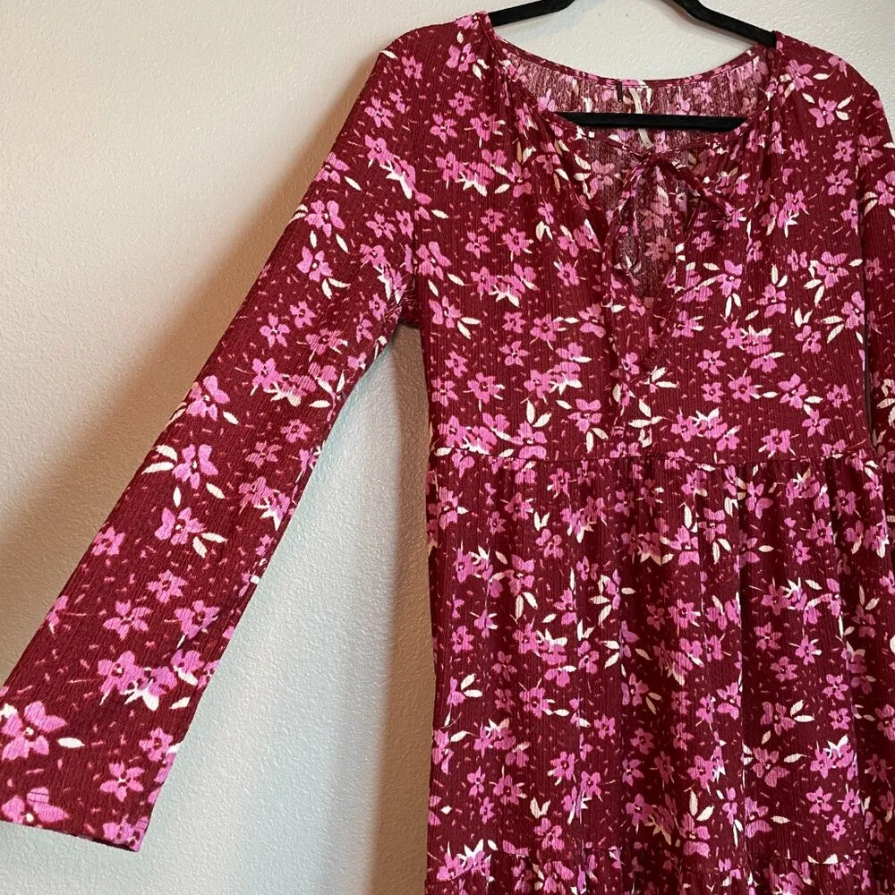 Free People Dress S Tiers of Joy Midi Plum Red Pink Long Sleeve Cottagecore $138 - Image 4
