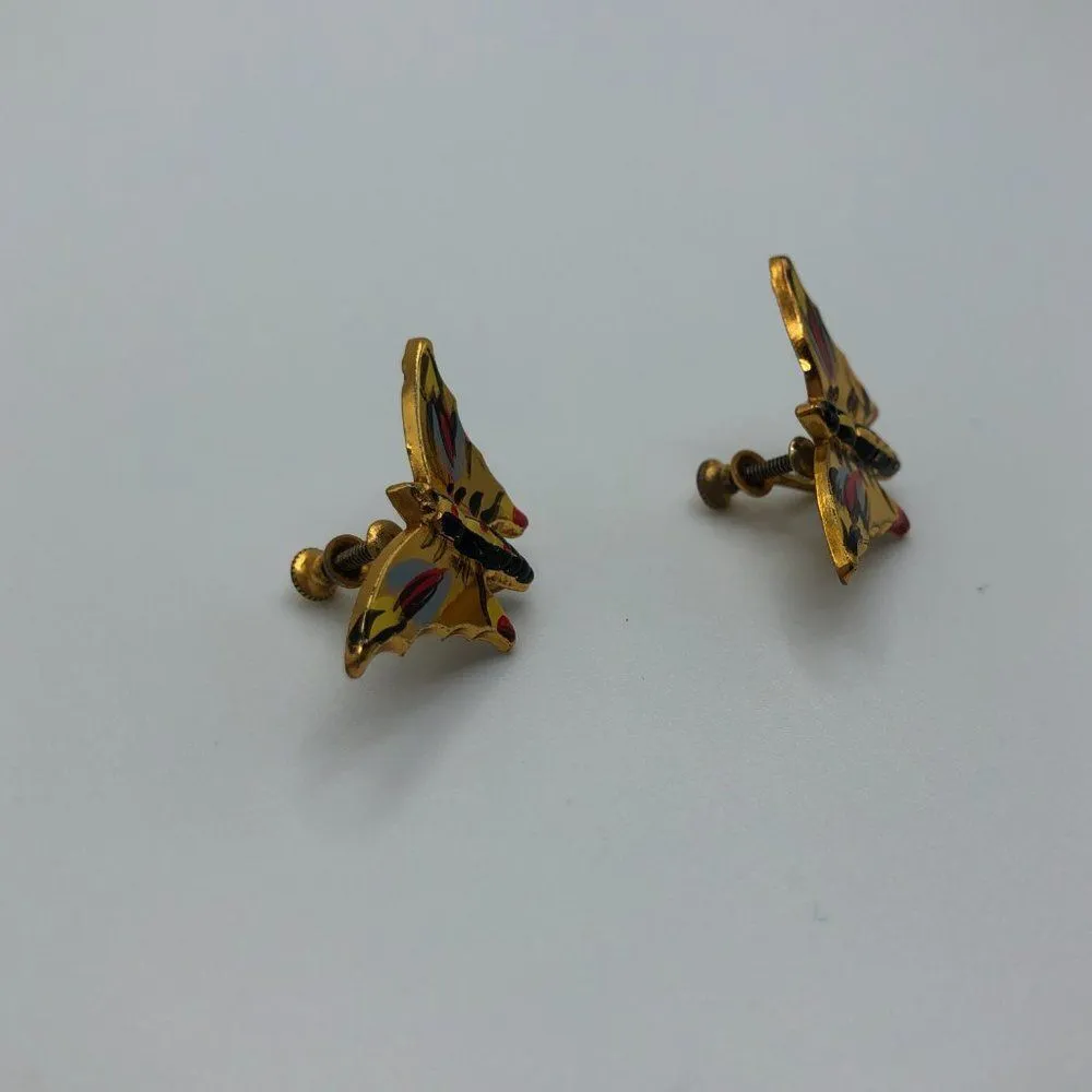 Vintage Butterfly Earrings Gold Tone Sterling Silver Hand Painted Clip On - Image 2