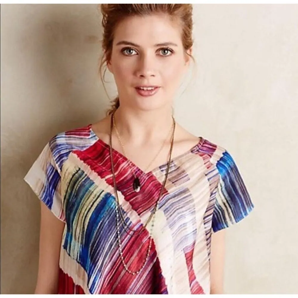 TRYB Anthropologie Red White Blue‎ Painted Plaid 100% Silk Tunic Blouse Size S - Image 4