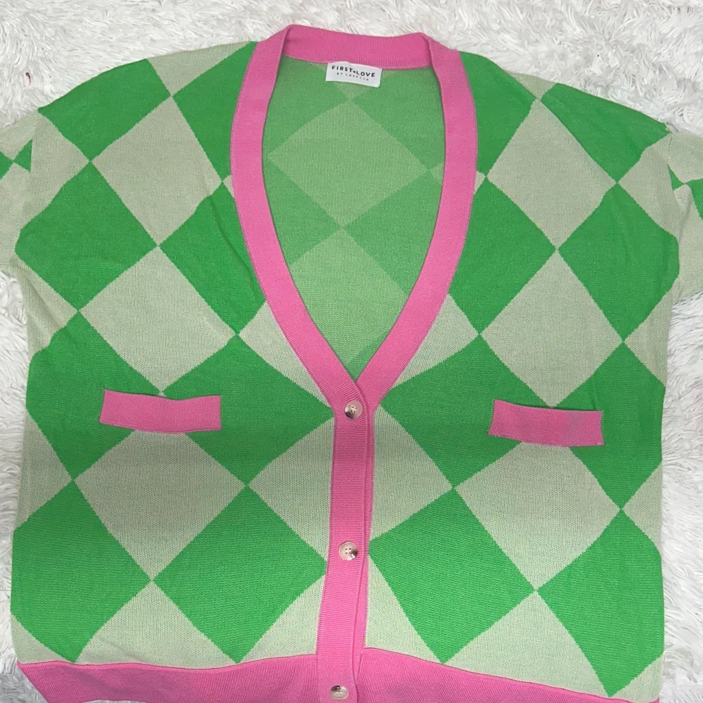 First Love Green and Pink Argyle Cardigan - Image 8