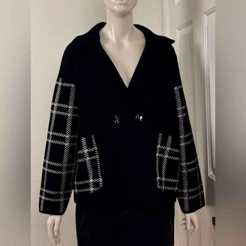 Magaschoni Black and White Plaid Pea Coat Size Large - Image 2