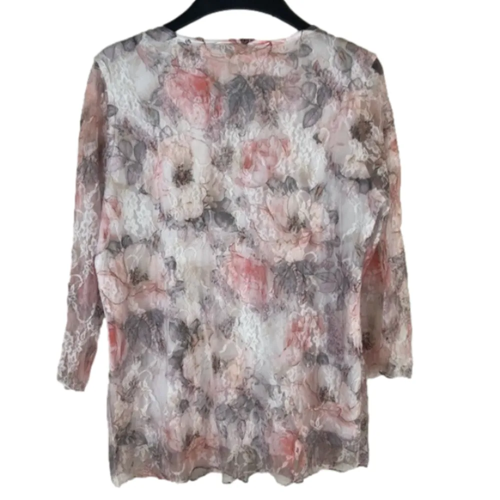 Keren Hart Sheer Floral Lace Overlay & Rhinestones Tunic Top Pink & Gray Roses - Image 2