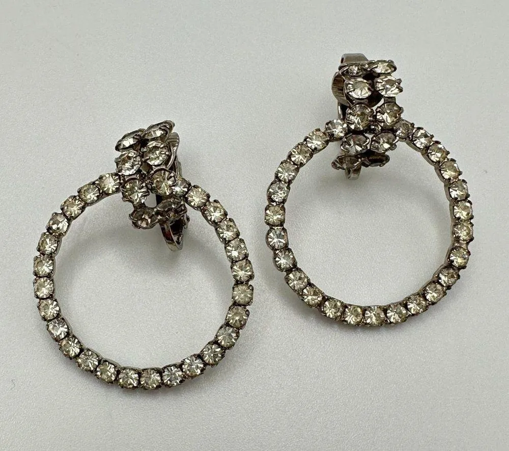 Vintage Rhinestone Hoop Drop Earrings Costume Hinged - Image 4
