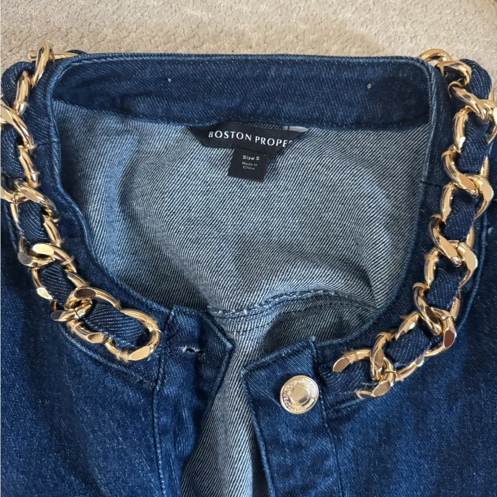 Boston Proper Blue Jean Jacket with Gold Chain Accents - Image 4