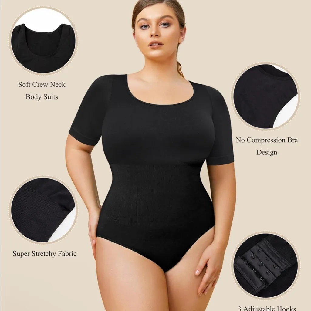 Women’s Short Sleeve Bodysuit Shapewear for Tummy Control Seamless Body Shaper Black Size M - Image 3