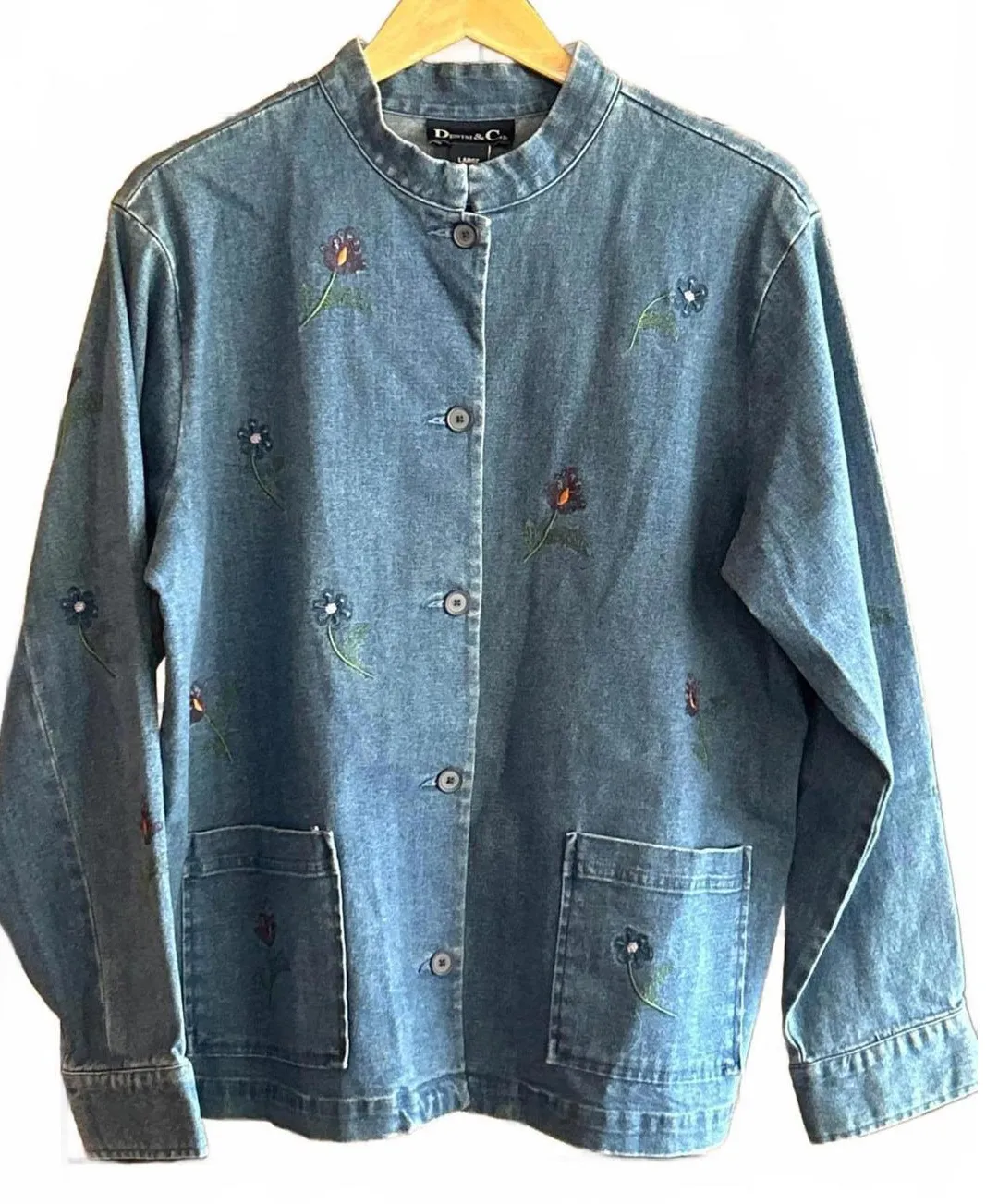 Denim & Co Womens Denim Jacket Size L Button Up Embroidered Flowers Boho Blue Size L - Image 1