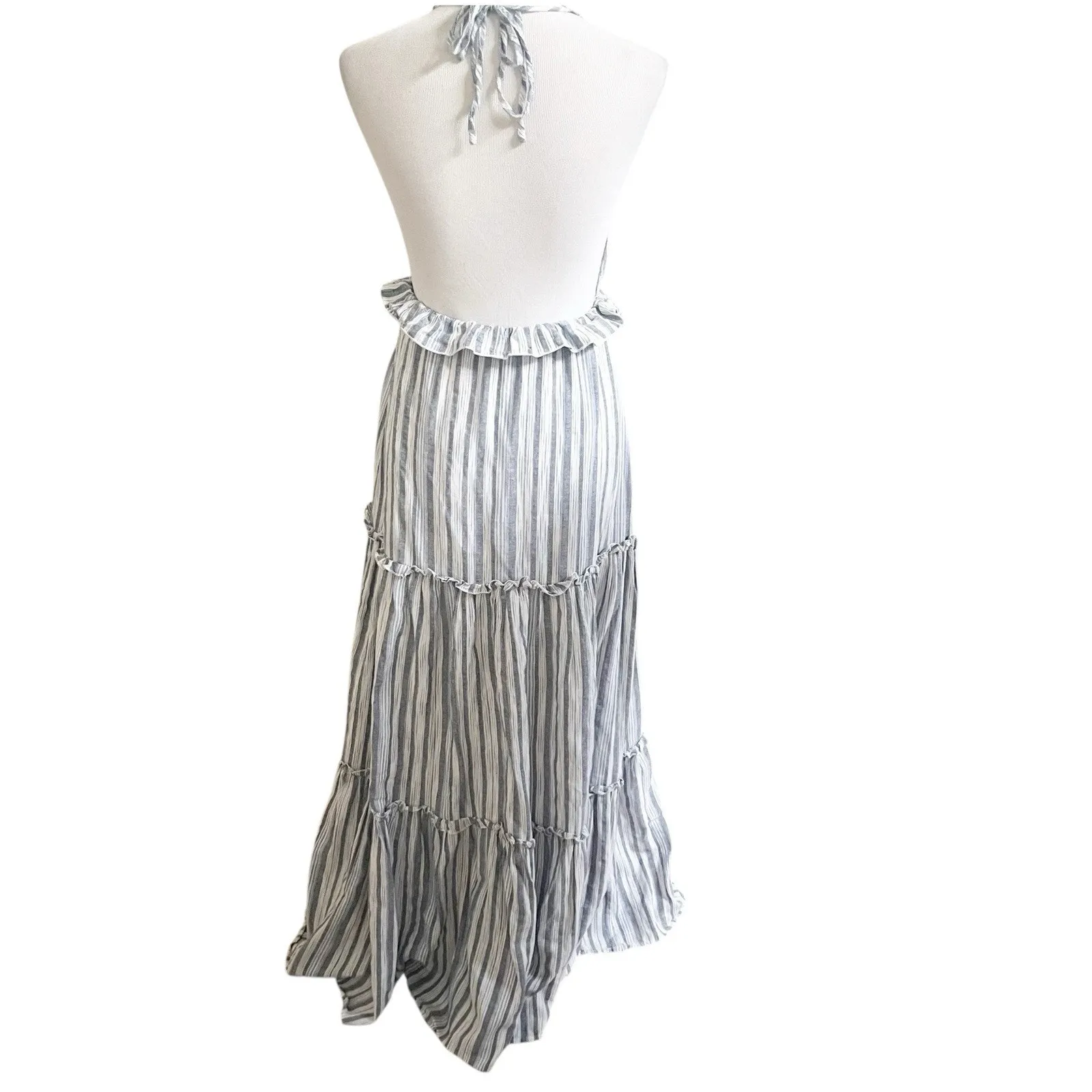 Lulus Vacay Babe Grey White Striped Halter Ruffle Maxi Dress S Bohemian Beach - Image 3