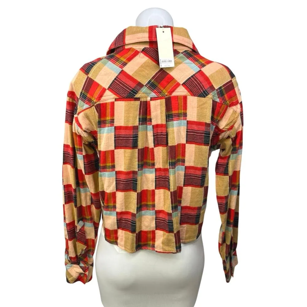 NEW Gilded Intent Multicolor Check Plaid Flannel Button Crop Shirt Blouse Top XS - Image 2