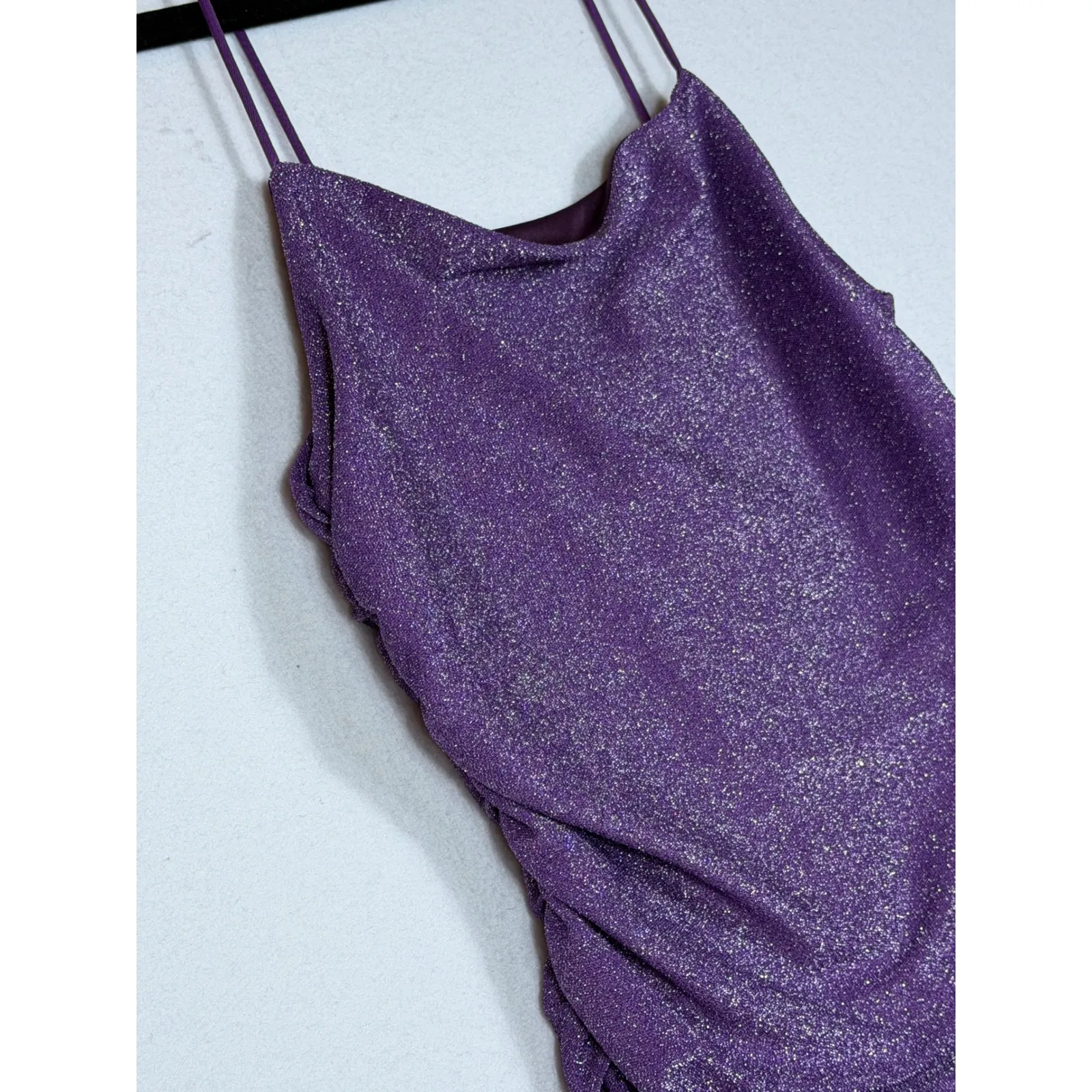 SHEIN Petite S Ruched Glitter Party Prom Dress Mini Purple Spaghetti Strap - Image 8