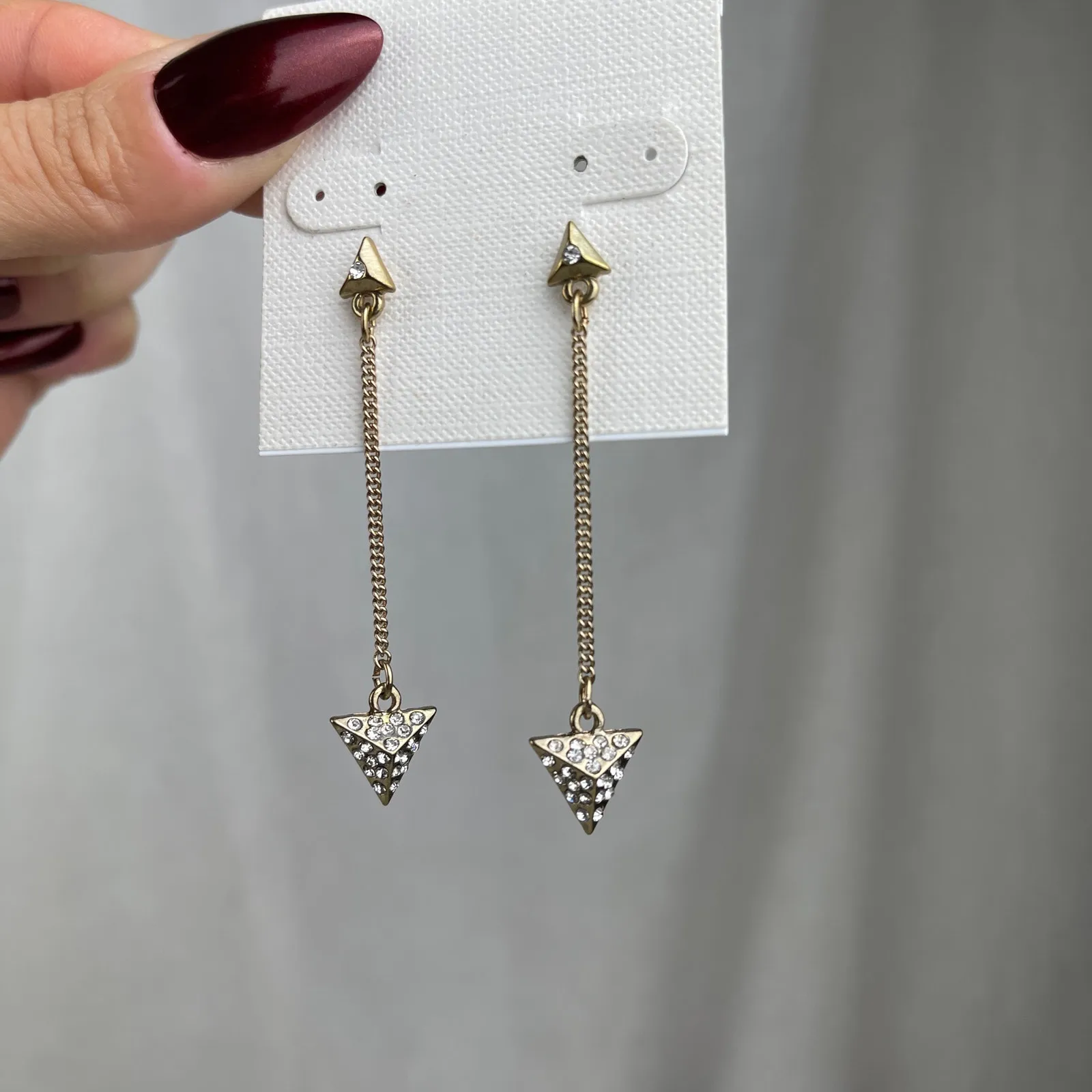 Dainty Gold Tone Rhinestone Arrow Dangle Earrings Triangle Boho Festival Jewelry - Image 2