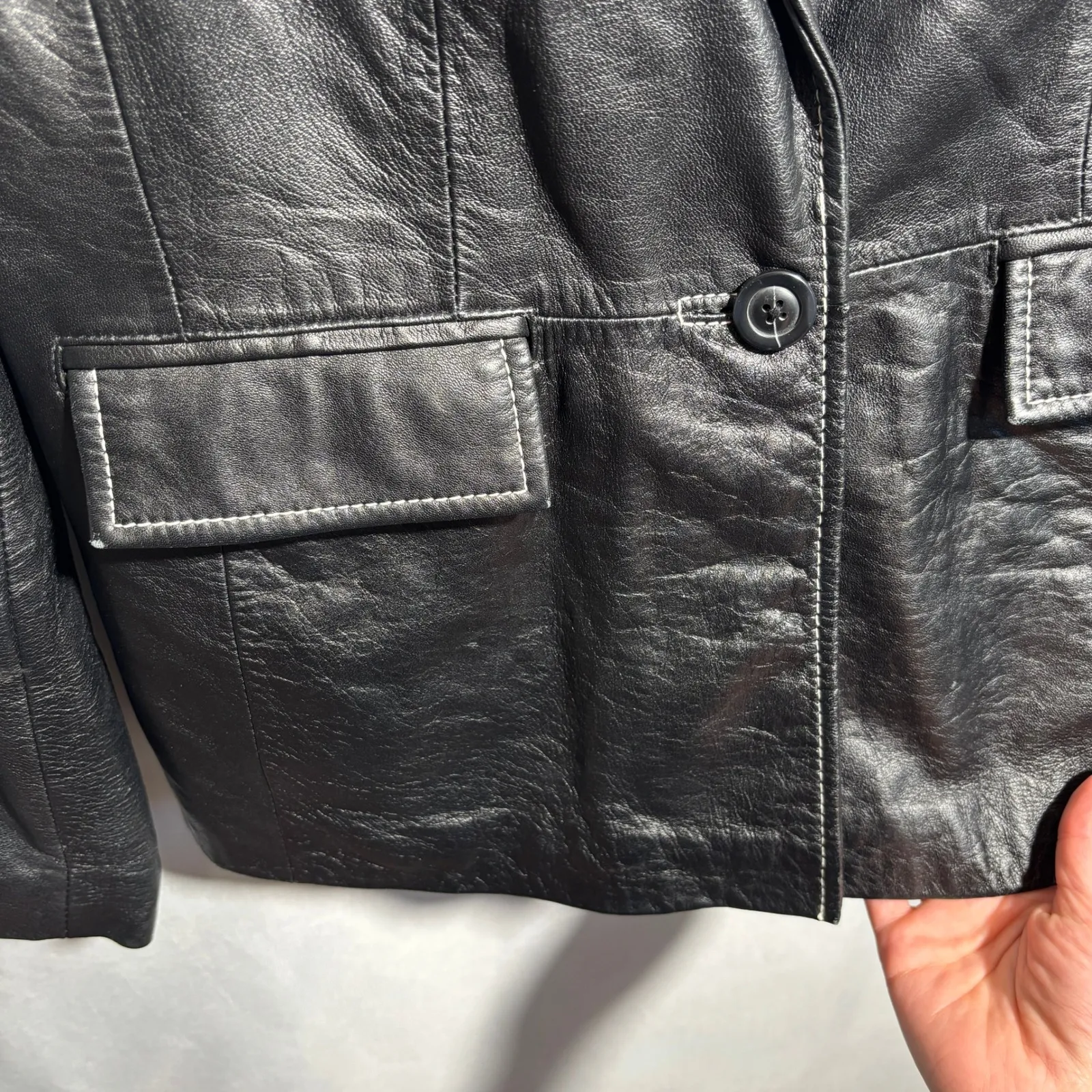 VTG 90s Y2K INC Womens 14 Black Leather Blazer Jacket Exposed Stitch Gilmore SEE - Image 6