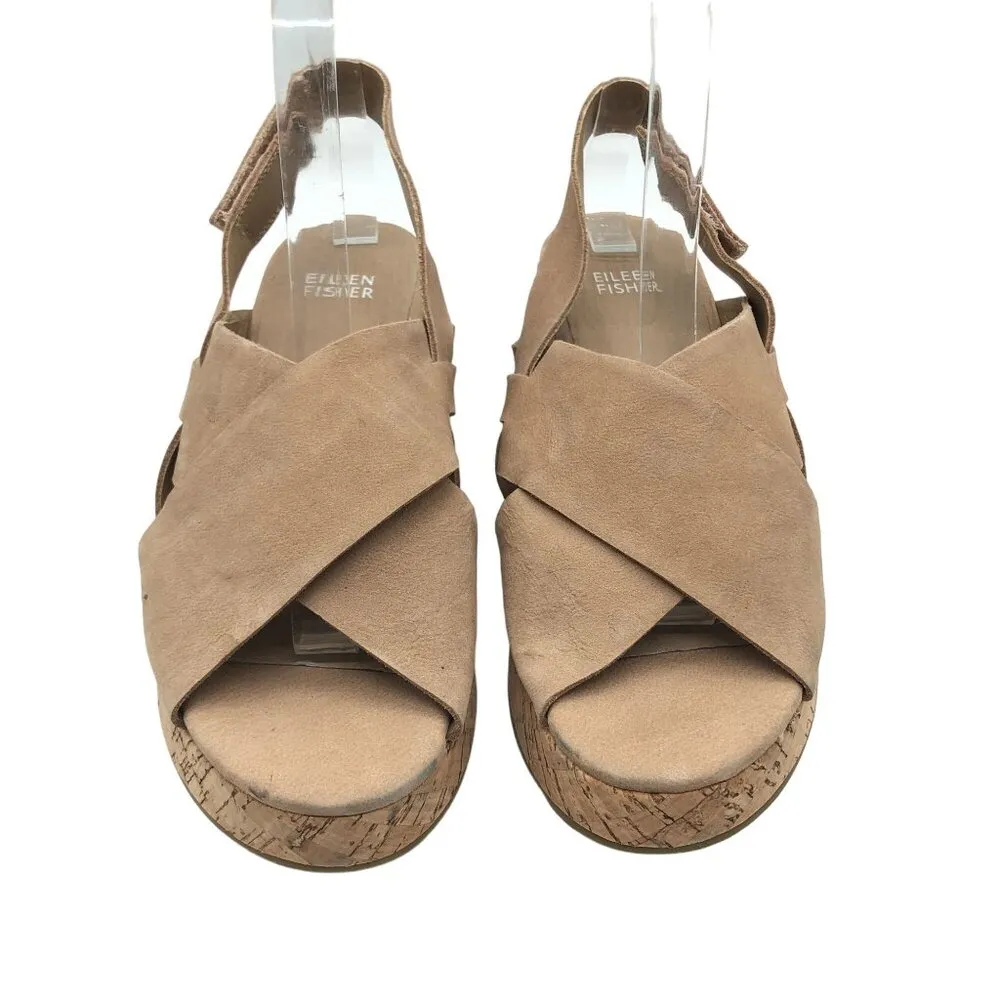 Eileen Fisher Timor Tan Nubuk Cork Wedge Sandals Open Toe Size 7.5 - Image 2