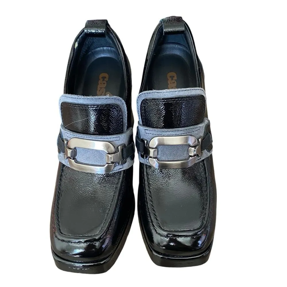 Casta Josh Patent Leather Black Heeled Loafer Gray Silver Buckle size 7 37 90s - Image 2