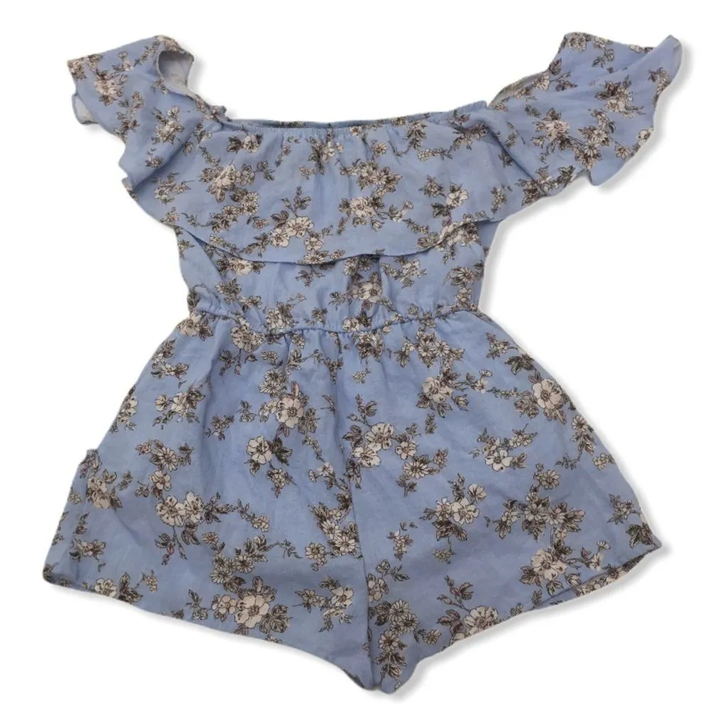 Everly Demi Blue Chambray Floral Off Shoulder Romper - Image 9