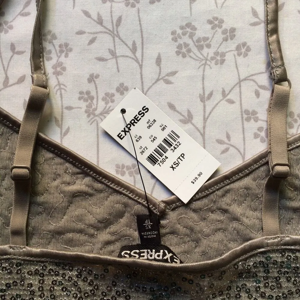 EXPRESS Womens Champagne Gold Sequin Camisole V-Neck Tank Top Size XS - Image 8