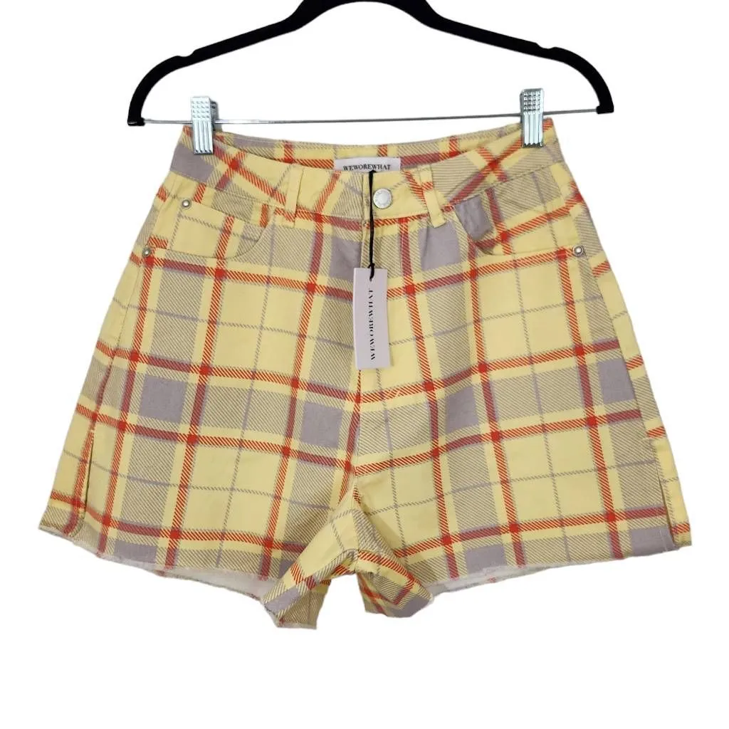 WeWoreWhat Yellow Plaid Shorts NWT Size 26 Plaid High Waist Shorts - Image 2