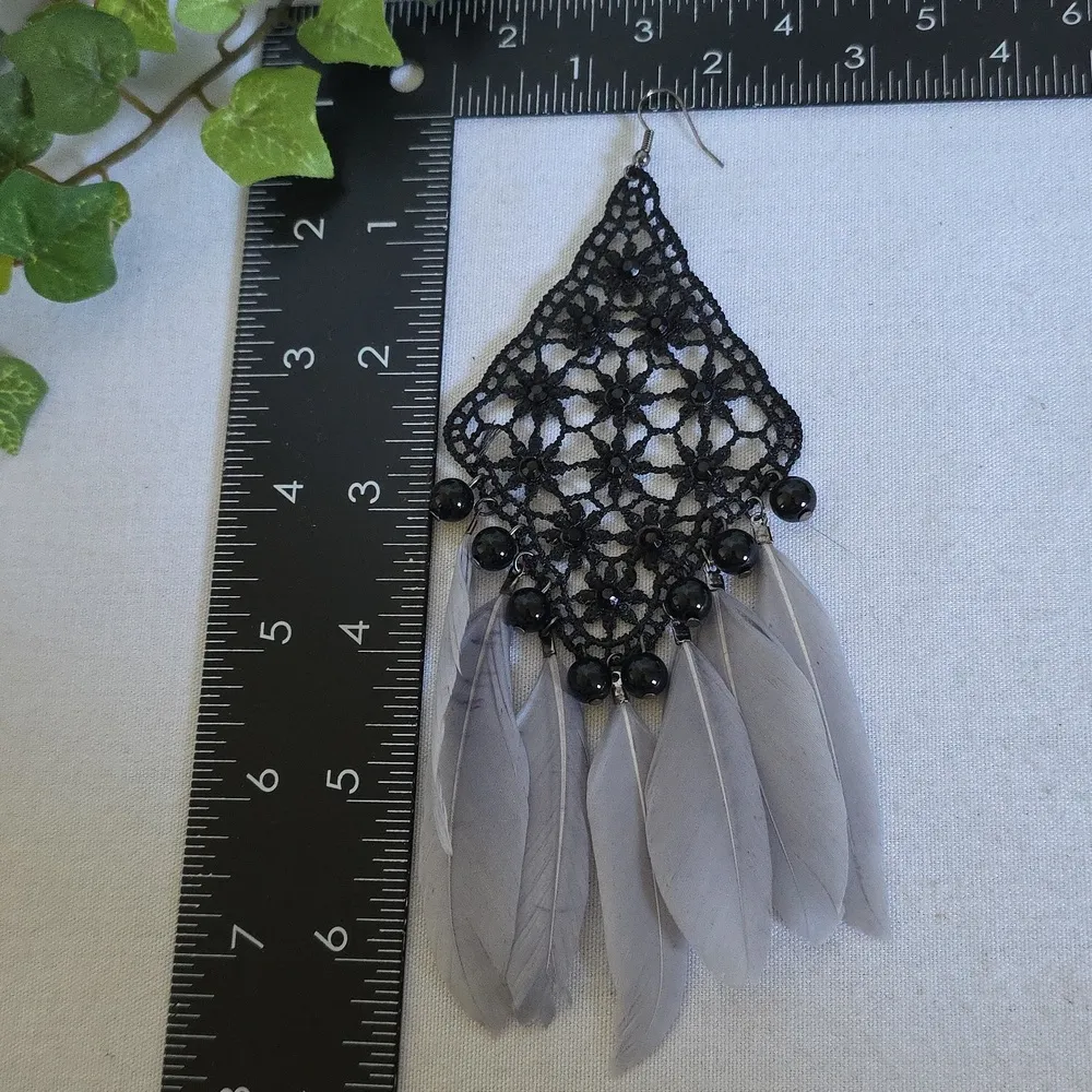 Statement Earrings Black Lace with Grey Feathers - Image 5