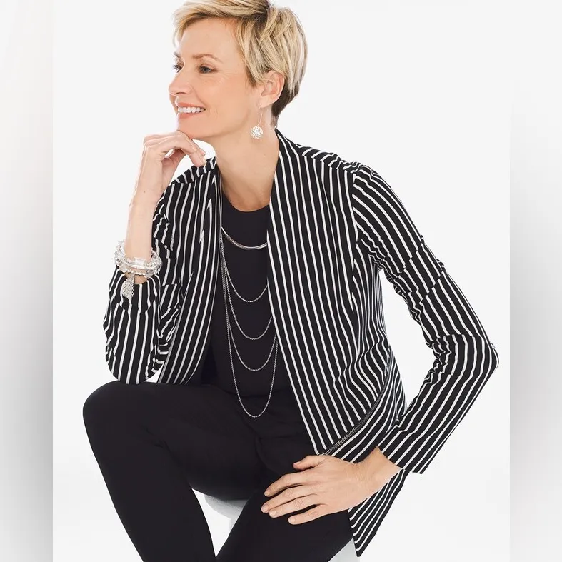 New Chico's Striped Knit Jacket Black & White Size Medium Chico's Size‎ 1 - Image 15