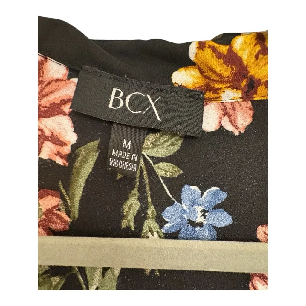 BCX Black Floral Button Down Blouse M 3/4 Sleeve Boho Romantic Top - Image 4
