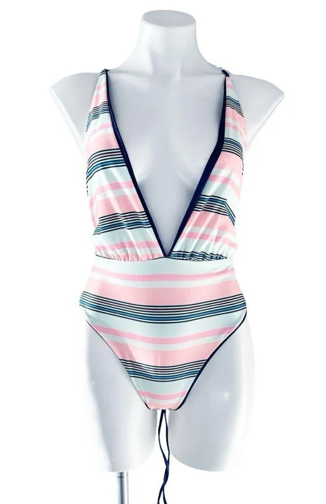 Maaji Safari Reversible Plunge One-Piece Swimsuit Stripe/Solid, Blue New w/Tag - Image 14