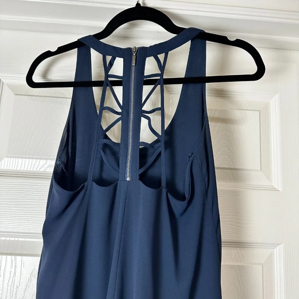 BCBG Paris Navy A Line Swing Dress w Ladderback Detail Handkerchief Hem Size 6 Blue - Image 10