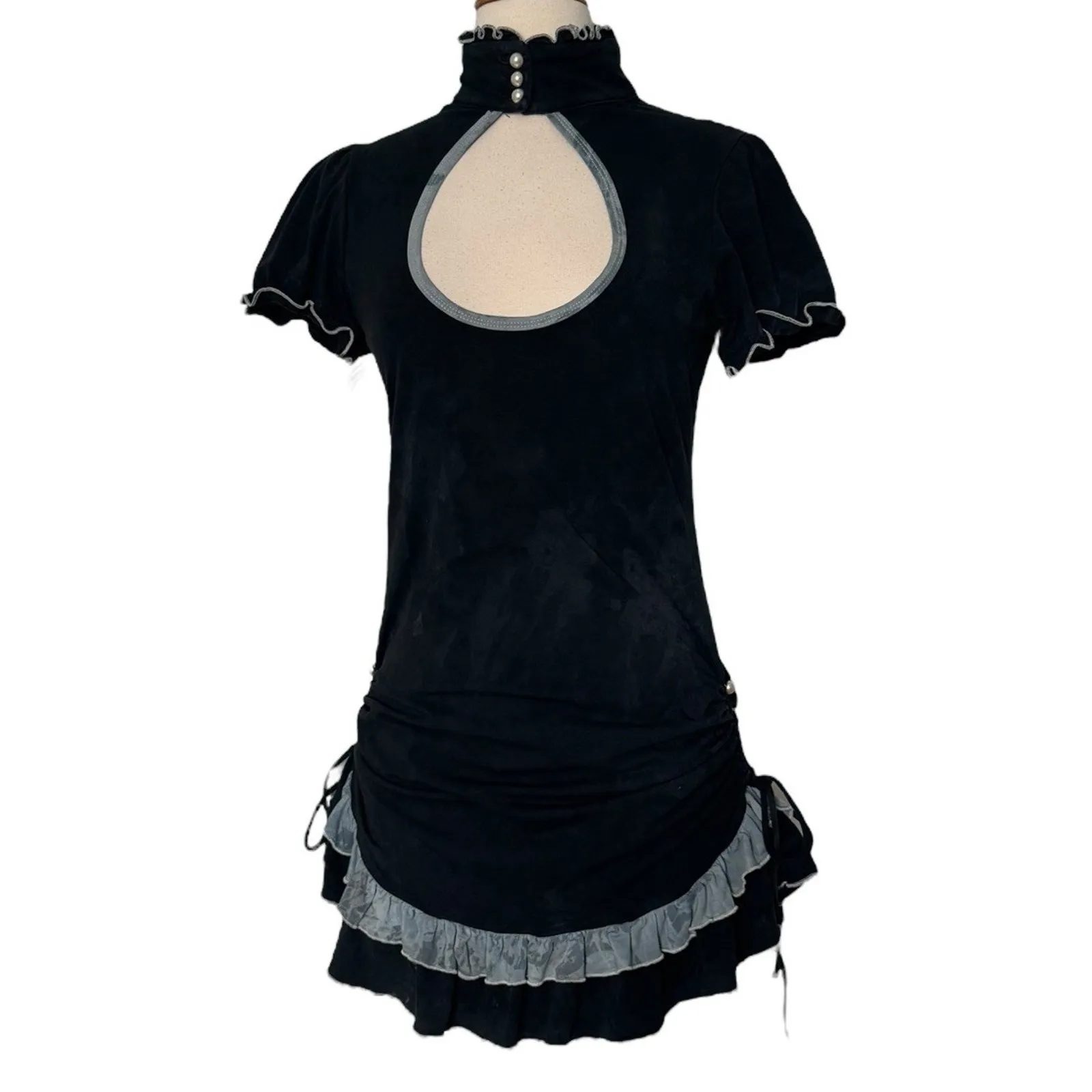 RARE Indie Vintage Cutout Ruffle Mini Dress Y2K Coquette Cottagecore Goth Sz M Black Size M - Image 3
