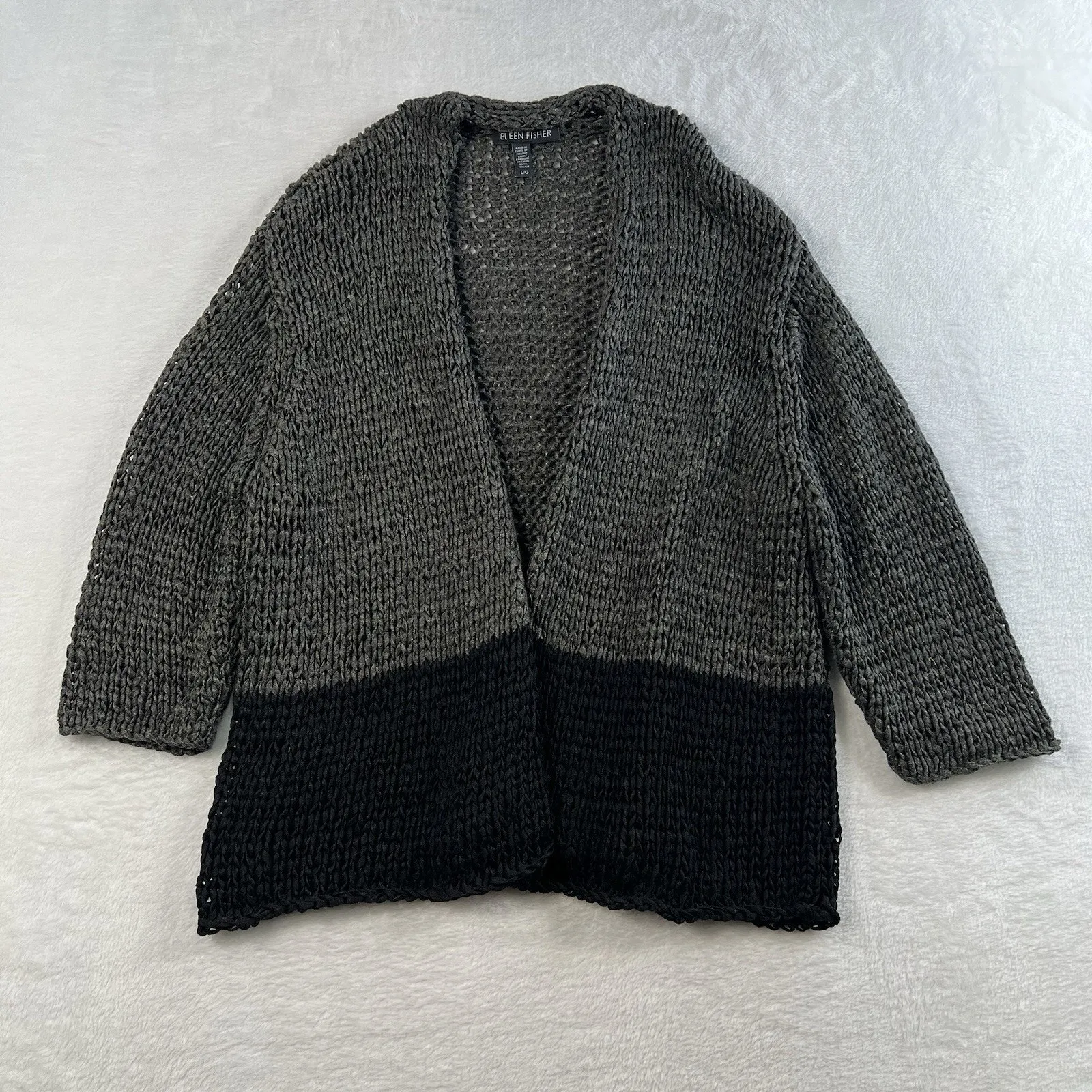 EILEEN FISHER L Large Cardigan Sweater Open Front Chunky Knit 3/4 Sleeve Shimmer - Image 2