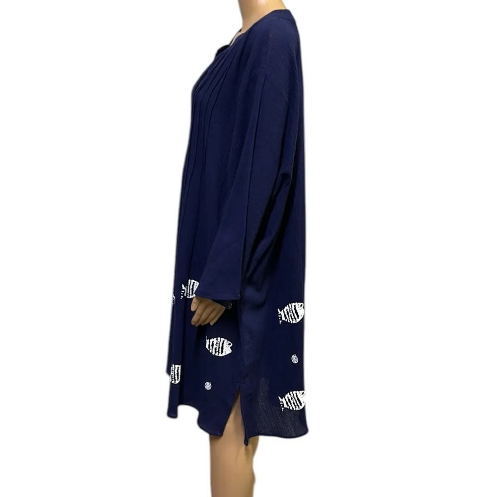 The Vermont Country Store Crepe Cotton Fish Print 3 Quarter Sleeve Midi Dress 2X Blue - Image 4