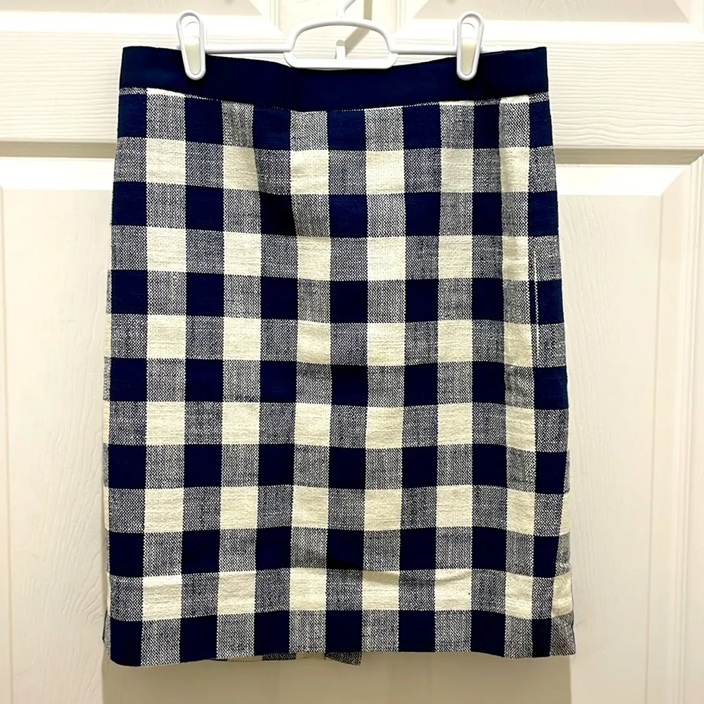 J. Crew Navy Blue & Ivory Gingham Plaid Pencil Skirt 4 - Image 2