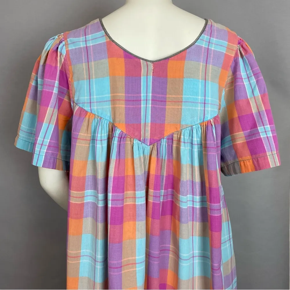Vintage Plaid Muumuu Dress Relaxed Fit Flaws Cotton Women Size Large Blue Orange - Image 14