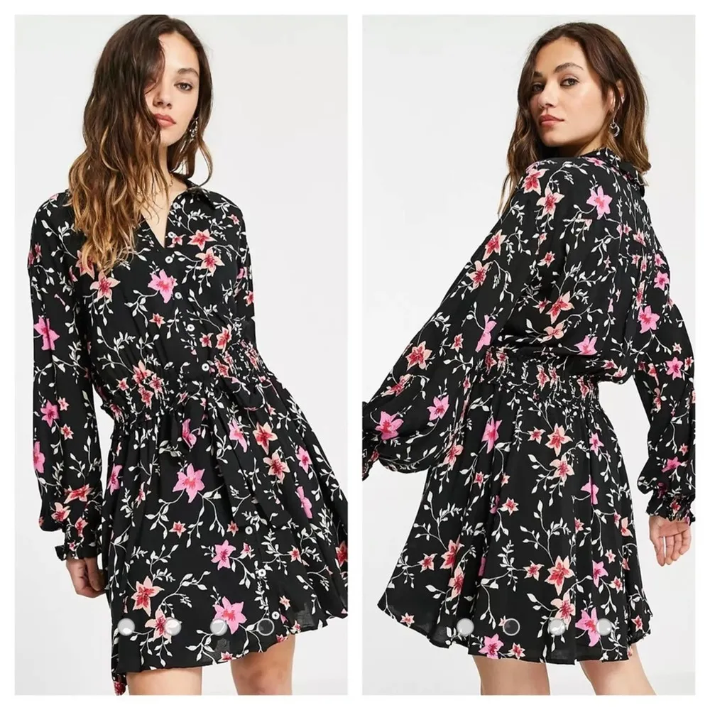 Free People Lighten Up Black Floral Long Sleeve Button Aline Mini Dress XS - Image 8