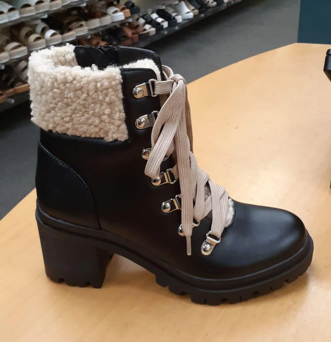 Black Shepra Lined Lug Sole Lace Up Chunky Heel Boot  - Image 2