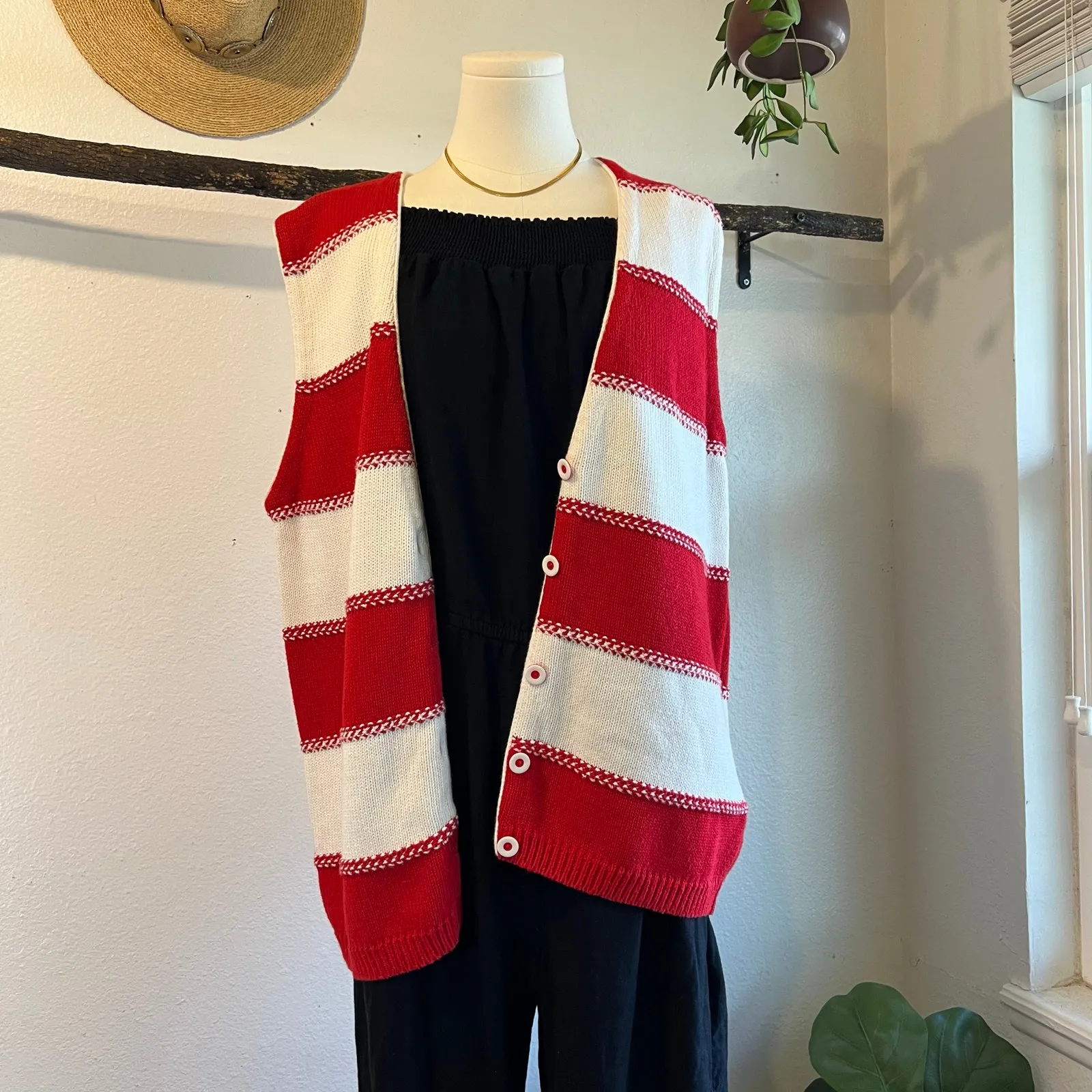 Liz Claiborne Red & White Chunky Cotton Knit Sweater Long Vest Size Medium - Image 11