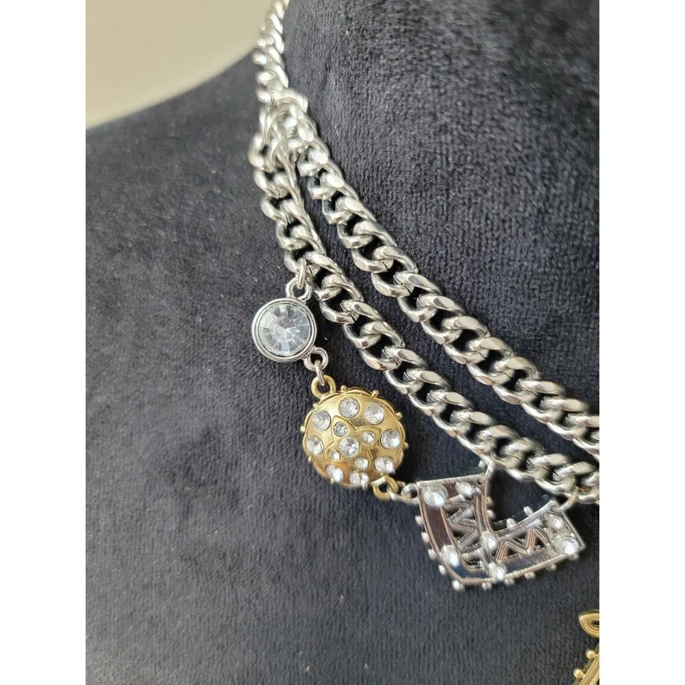 Women's Statement Necklace With Toggle Lock Multi Chain Gold Silver Charms - Image 6