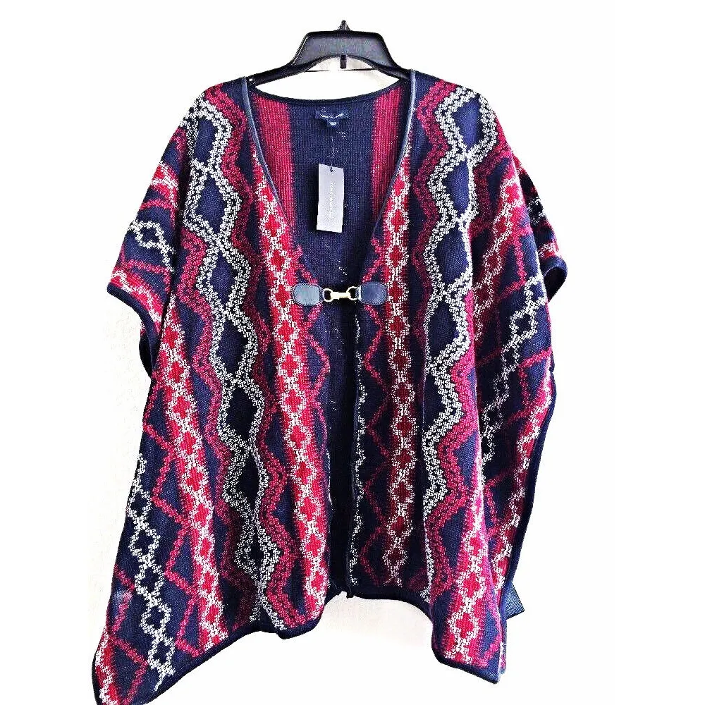 Tommy Hilfiger Southwestern Printed Poncho Aztec Blue Red One Size Os Native - Image 2