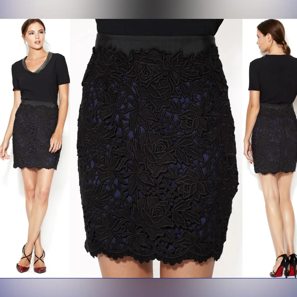 Elie Tahari Bennet Black Luxe Crochet Lace Pencil Skirt Blue Lined Sz 2 - Image 2