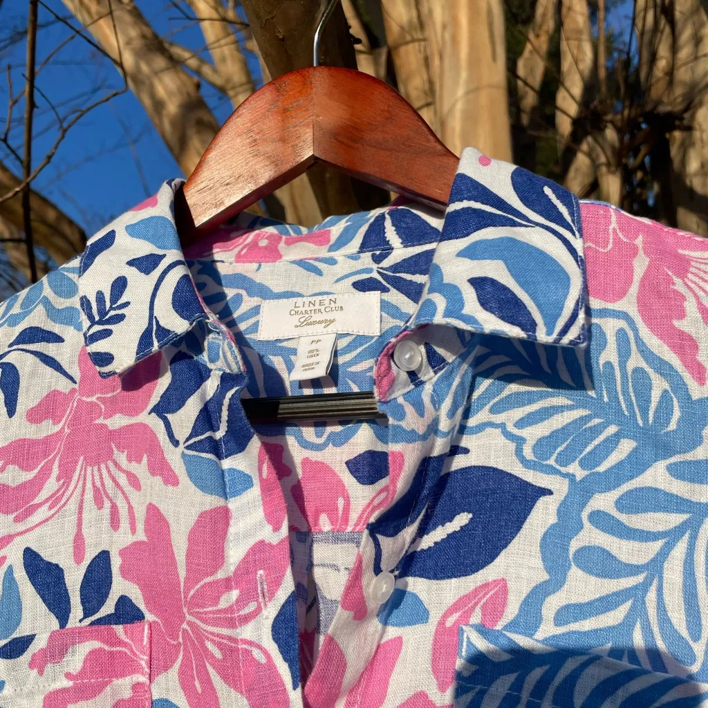 Charter Club Luxury 100% Linen Button-Up Shirt in Pink and Blue Floral Coastal - Image 2