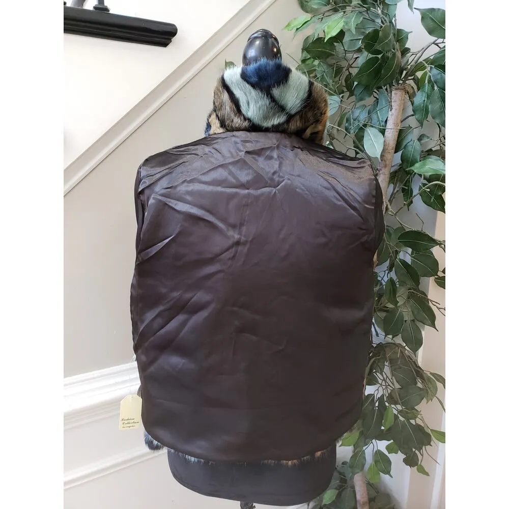 Fashion Collection Faux Fur Jacket Women Multi Chevron Lined Pockets Long Sleeve Blue Size M - Image 4