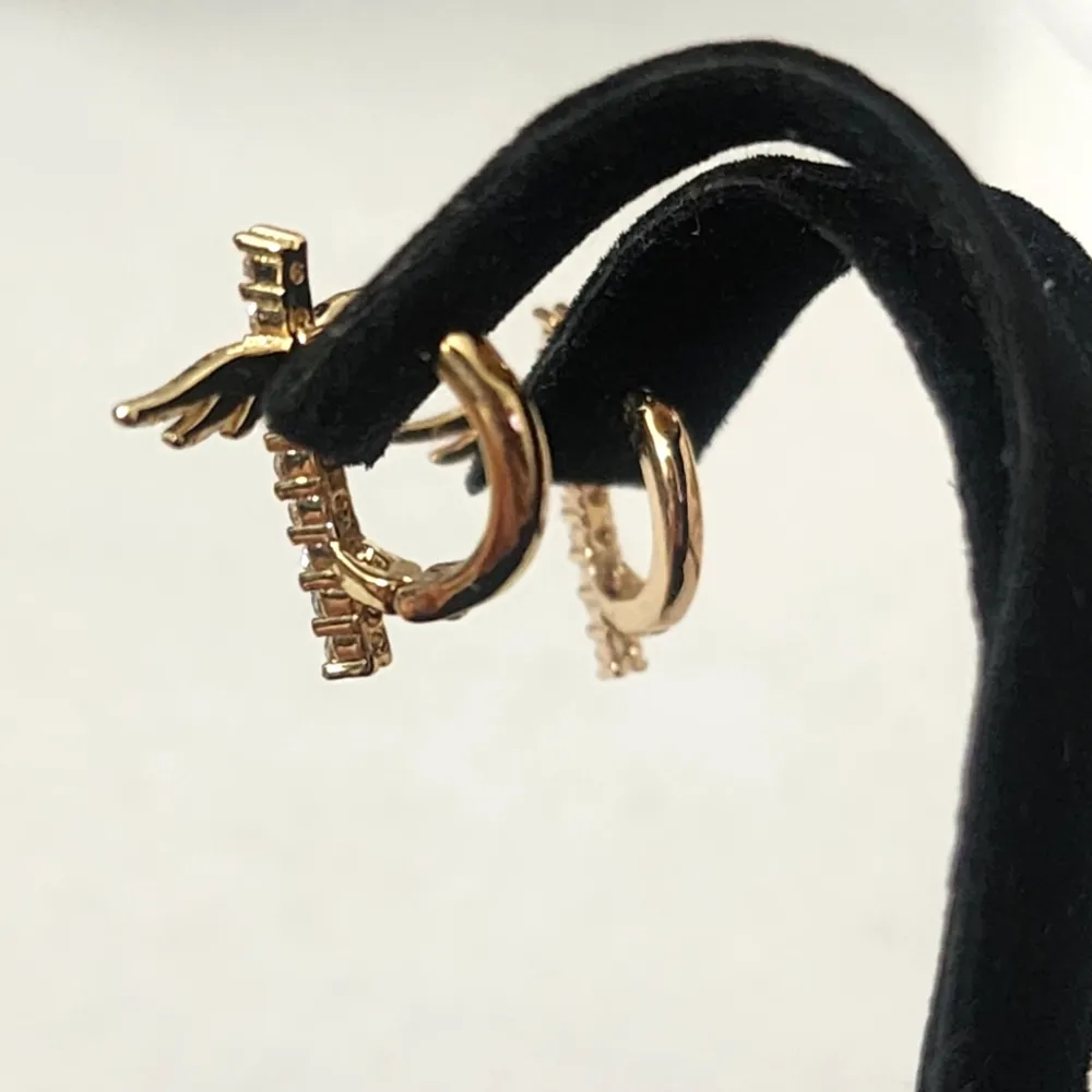 Gold Filled Huggie Hoop Earrings Cross with Wings CZ Accent - Image 5