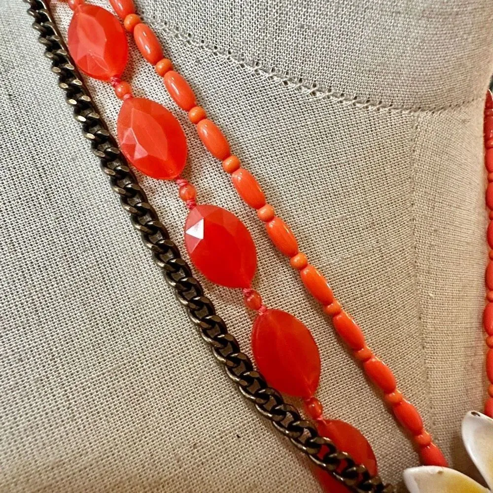 LUCKY BRAND Brass & Orange Beaded Necklace with Enameled Flower Center - Image 3