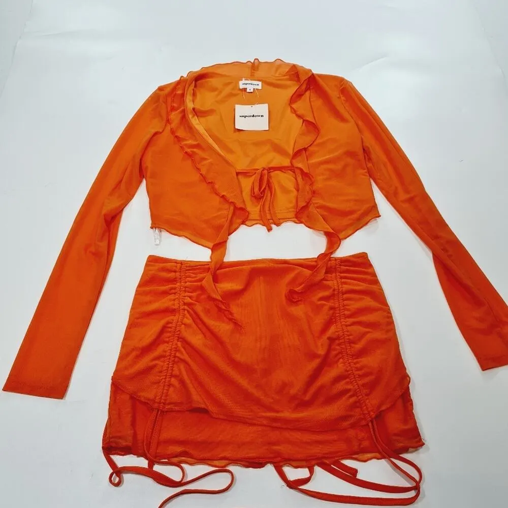 Superdown Indy Ruffle Skirt Set in Orange Small - Image 3