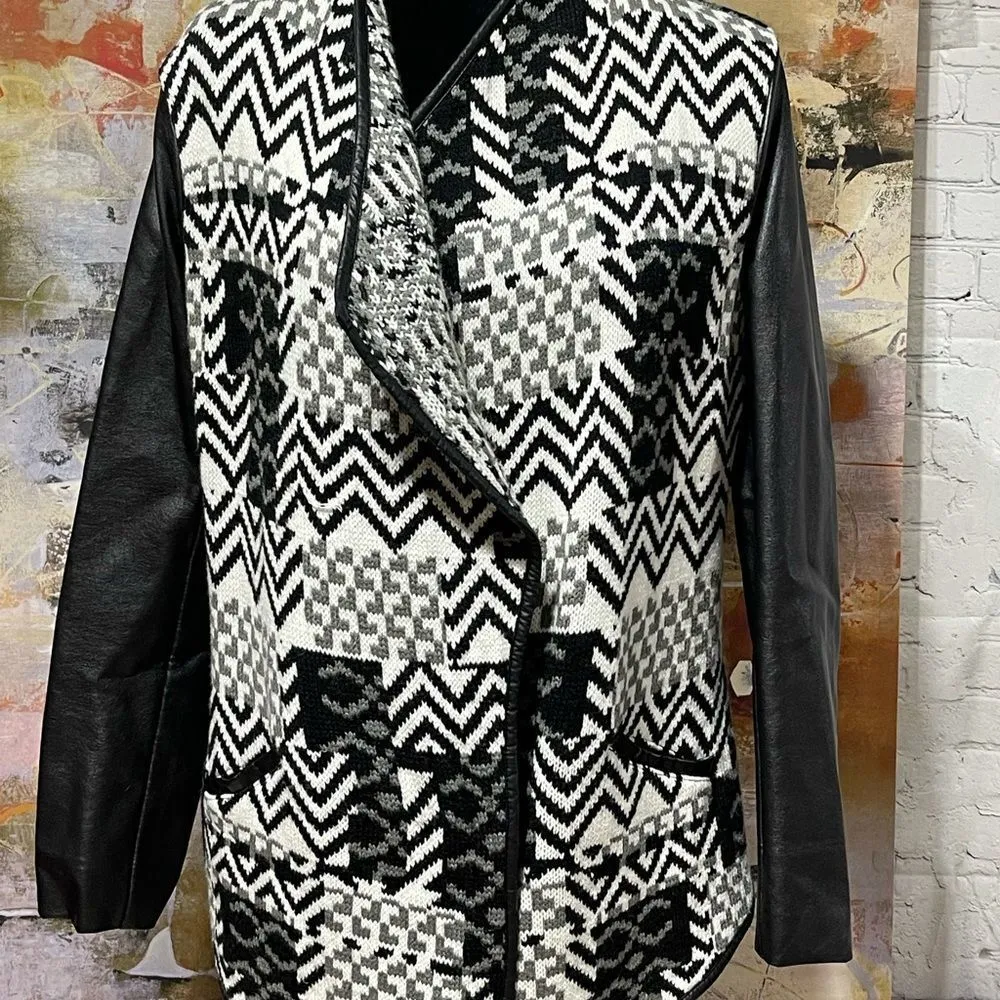 Textured Woven Cardigan Front Sweater W/Leather Sleeve and Trim Small Black - Image 14