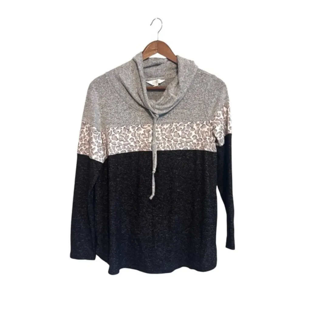 Market & Spruce Black Gray Cameron Cowl Neck Brush Knit Top with Leopard Print - Image 3