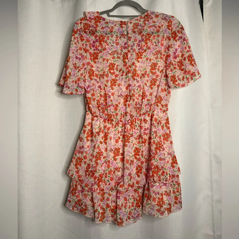 Zara Red and Pink Floral Ruffle Flutter Romper Medium - Image 3