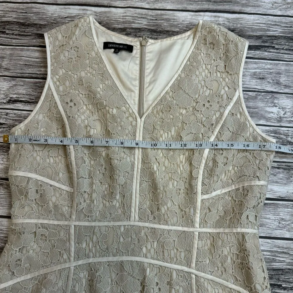 Lafayette 148 New York Women's Sleeveless V Neck Lace Overlay Dress 6 Bone Cream - Image 11