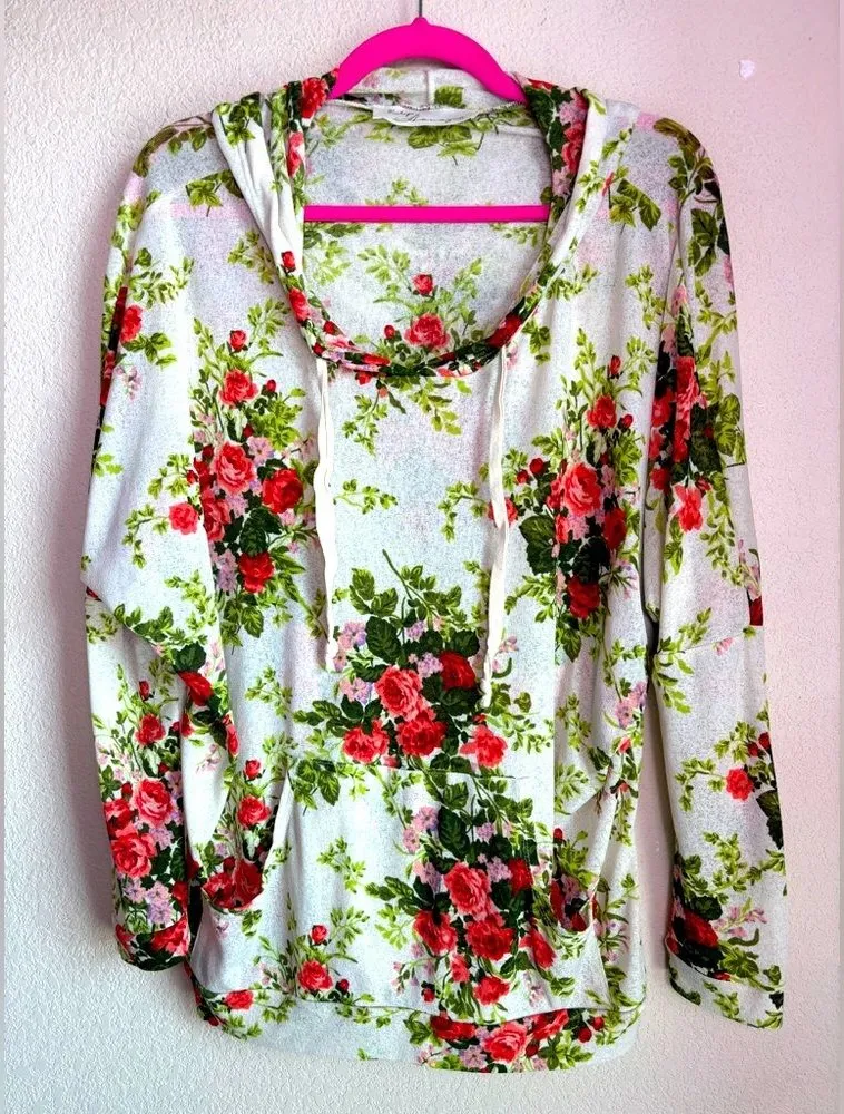 Vintage Havana Cream Rose Print Gauze Burnout Cowl Neck Hooded Pullover L - Image 1