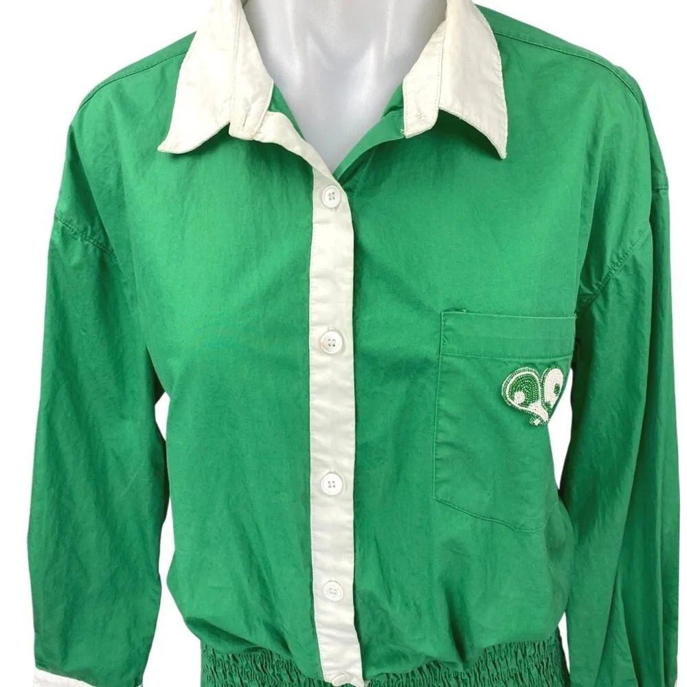 Ser.O.Ya Lexi Green Button Up Long sleeve Smocked Mini Blouson Shirt Dress Sz L Size L - Image 3