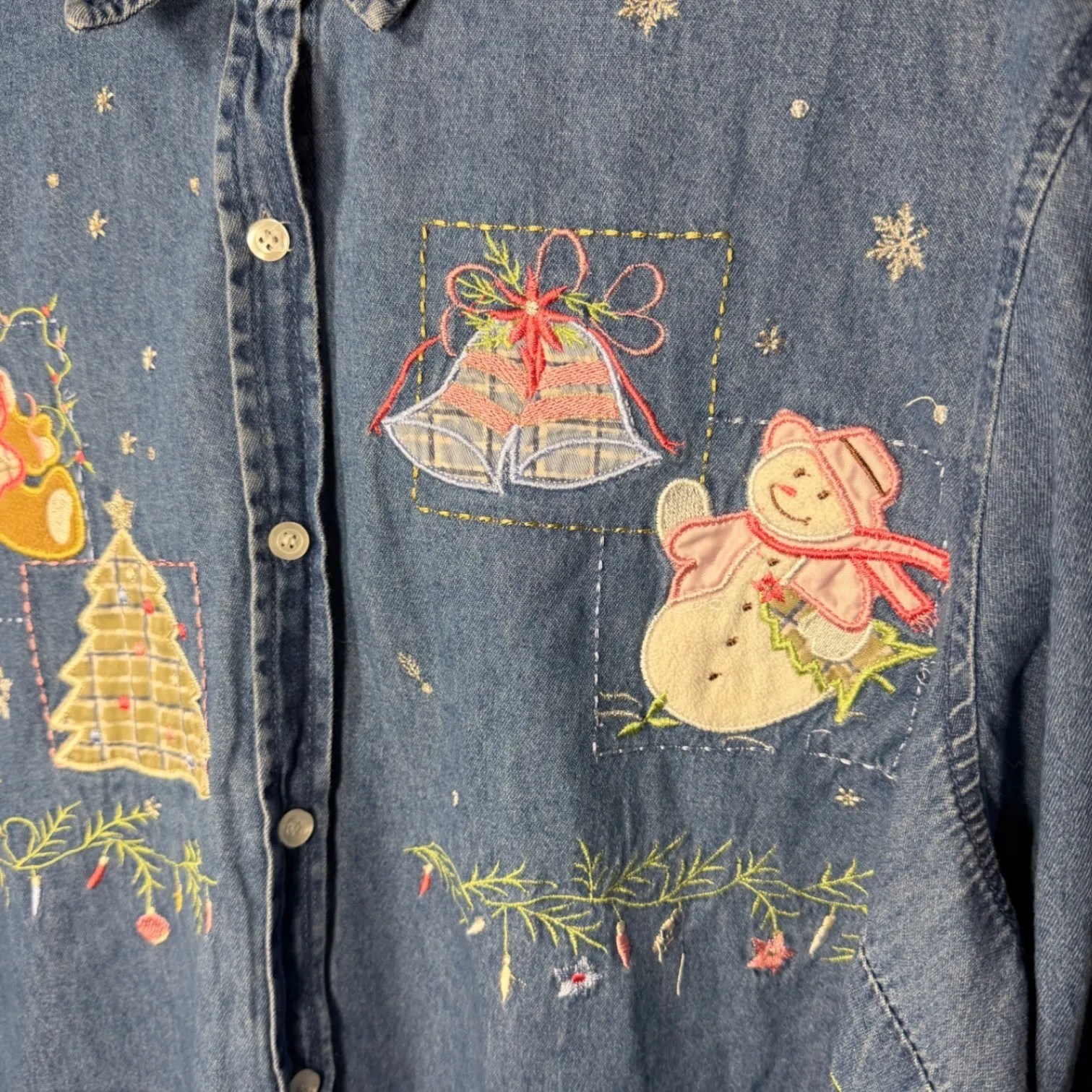 Denim Christmas Shirt Long Sleeve Embroidered Snowman Gingerbread Tree Bells XL Blue - Image 2